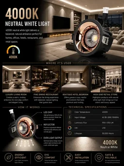 APRA AP570B 7W Wave Recessed COB Downlight - Warm White Premium White GB Finish Anti-Glare Ceiling Focus Spotlight - 12W, 4000K, Black RG