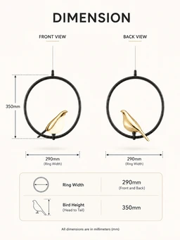 APRA AP1021 1P 10W Luxury Bird Hanging Pendant Light - 3CCT Matte Black Ring Circular LED Chandelier with Premium Shiny Gold Bird for Living Room & Bedrooms - Black