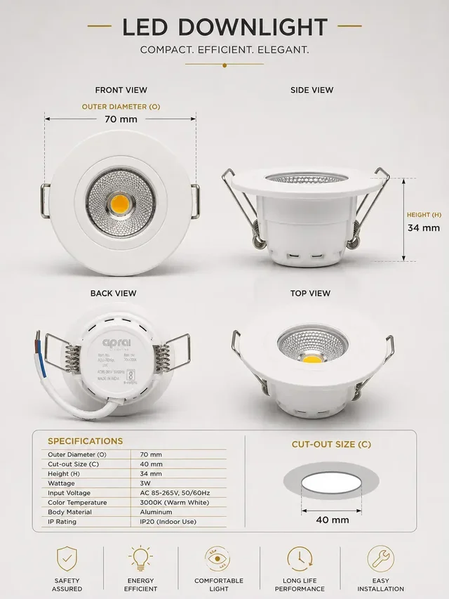 AP306 3W Recessed Mini COB Downlight - Warm White Full White Finish Ceiling Spotlight - 3k