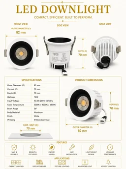 APRA AP570B 7W Wave Recessed COB Downlight - Warm White Premium White GB Finish Anti-Glare Ceiling Focus Spotlight - 12W, 3000K, White GB