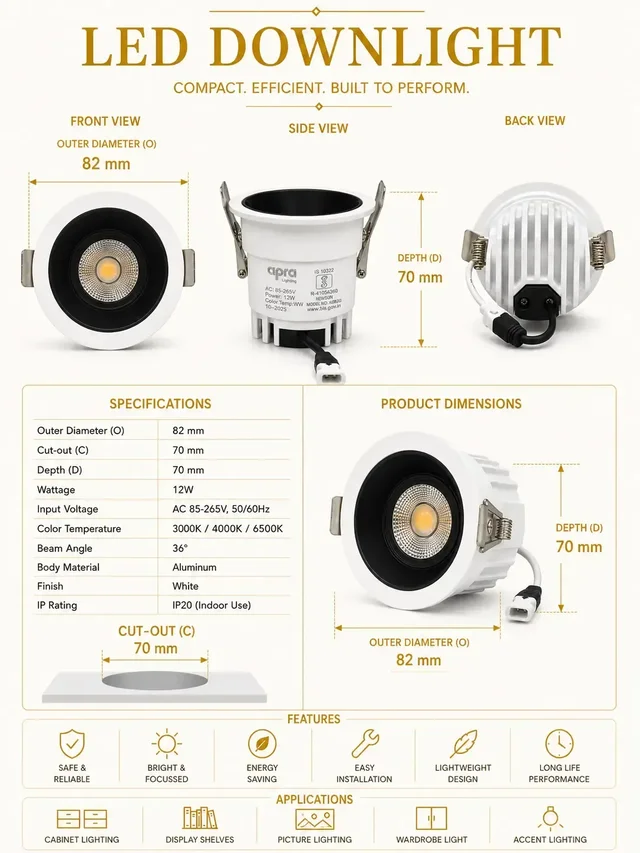 APRA AP570B 7W Wave Recessed COB Downlight - Warm White Premium White GB Finish Anti-Glare Ceiling Focus Spotlight - 12W, 3000K, White GB