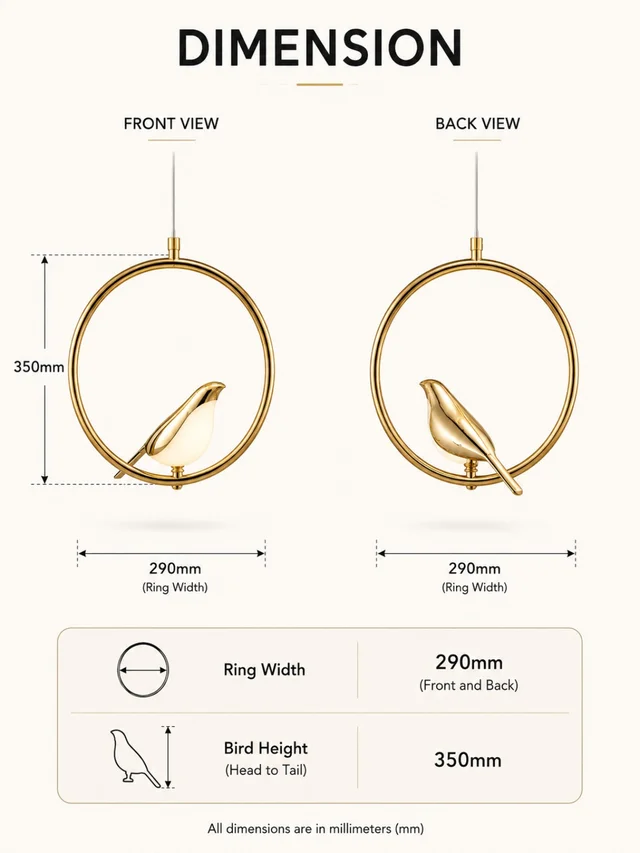 APRA AP1021 1P 10W Luxury Bird Hanging Pendant Light - 3CCT Matte Black Ring Circular LED Chandelier with Premium Shiny Gold Bird for Living Room & Bedrooms - Golden