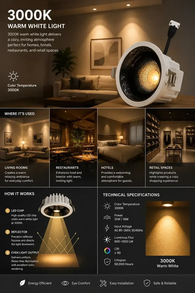 APRA AP570B 7W Wave Recessed COB Downlight - Warm White Premium White GB Finish Anti-Glare Ceiling Focus Spotlight - 18W, 3000K, White GB