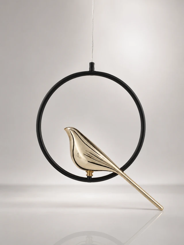 APRA AP1021 1P 10W Luxury Bird Hanging Pendant Light - 3CCT Matte Black Ring Circular LED Chandelier with Premium Shiny Gold Bird for Living Room & Bedrooms - Black