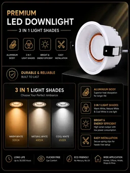 APRA AP-1501 12W 3 in 1 Deep Recessed COB Downlight - White RG Finish Anti-Glare Ceiling Spotlight - 12W, WH+RG