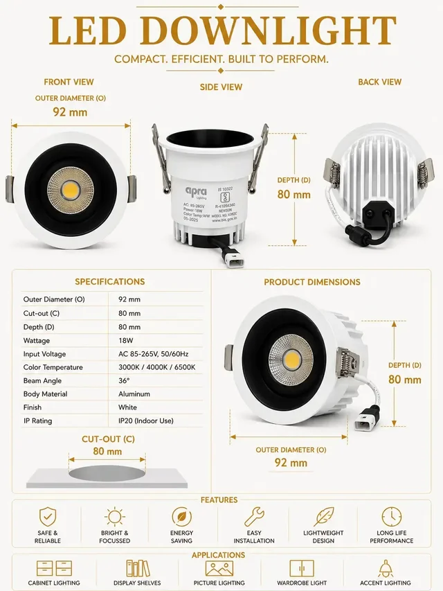 APRA AP570B 7W Wave Recessed COB Downlight - Warm White Premium White GB Finish Anti-Glare Ceiling Focus Spotlight - 18W, 4000K, White GB