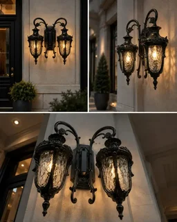APRA AP33 Dual Black Luxury Double-Head Wall Light - Antique Matte Black Gate & Wall Light with Textured Water-Glass Cups ( WITHOUT BULB )