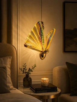 APRA AP103 RAINBOW Luxury Butterfly Hanging Pendant Light - Premium Gold Finish Multi-Color Mosaic Glass Chandelier for Living Room & Bedrooms