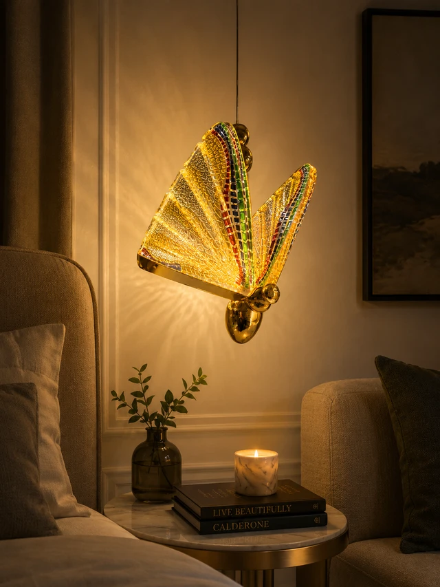 APRA AP103 RAINBOW Luxury Butterfly Hanging Pendant Light - Premium Gold Finish Multi-Color Mosaic Glass Chandelier for Living Room & Bedrooms