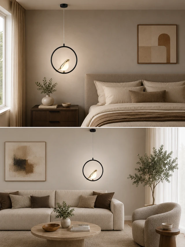 APRA AP1021 1P 10W Luxury Bird Hanging Pendant Light - 3CCT Matte Black Ring Circular LED Chandelier with Premium Shiny Gold Bird for Living Room & Bedrooms - Black