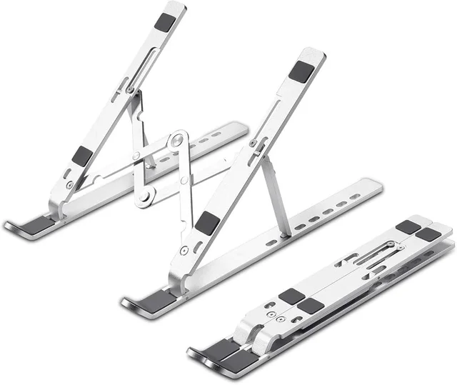 Aluminium Adjustable & Foldable Laptop Stand | Portable, Lightweight, Heat-Dissipating Stand for All Laptops (10–17 inch) | Multi-Angle Height Adjustable Metal Laptop Holder for Office, Home & Travel - Silver
