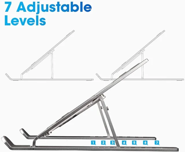Aluminium Adjustable & Foldable Laptop Stand | Portable, Lightweight, Heat-Dissipating Stand for All Laptops (10–17 inch) | Multi-Angle Height Adjustable Metal Laptop Holder for Office, Home & Travel - Silver