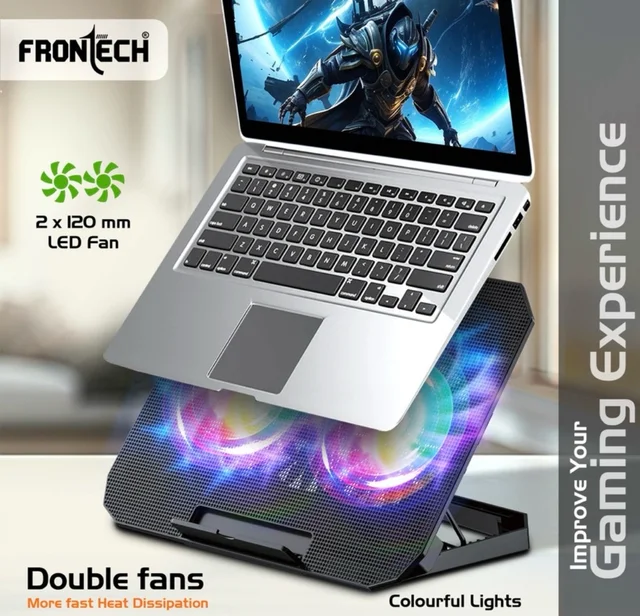 Frontech CP-0007 Laptop Cooling Pad | Dual 120 mm RGB LED Fans | Built-in Mobile Stand | Ergonomic Adjustable Height Cooling Pad (Black) - Black