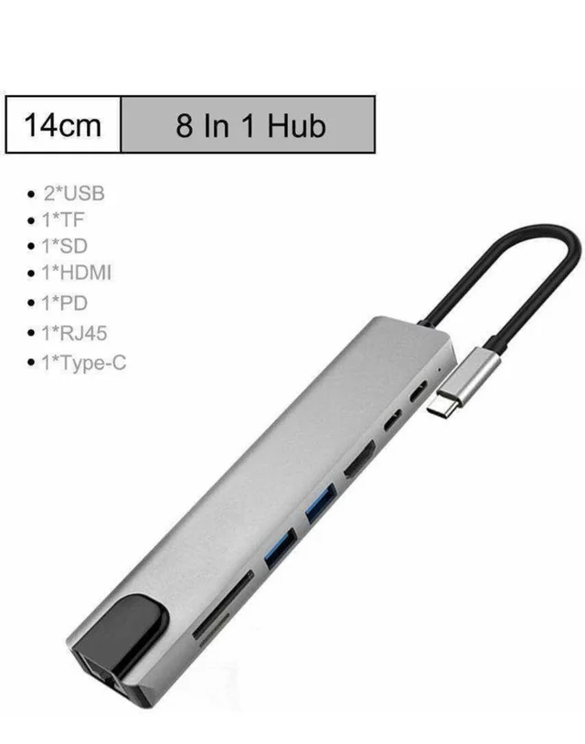 8-in-1 USB-C Multifunction Hub – 4K HDMI, RJ45, USB 3.0, SD/TF, PD 100W, Thunderbolt 3 Compatible
- Gray