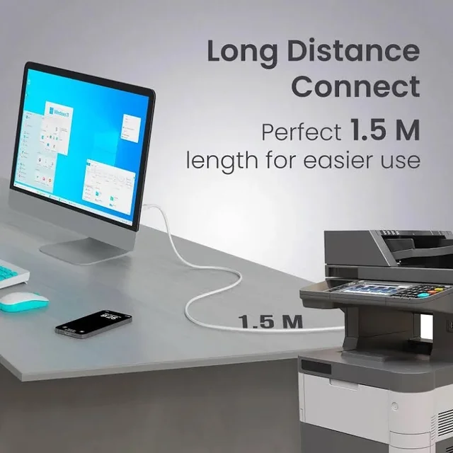 USB Printer Cable 1.5 Mtr | Reliable Connection for All Printers
- White