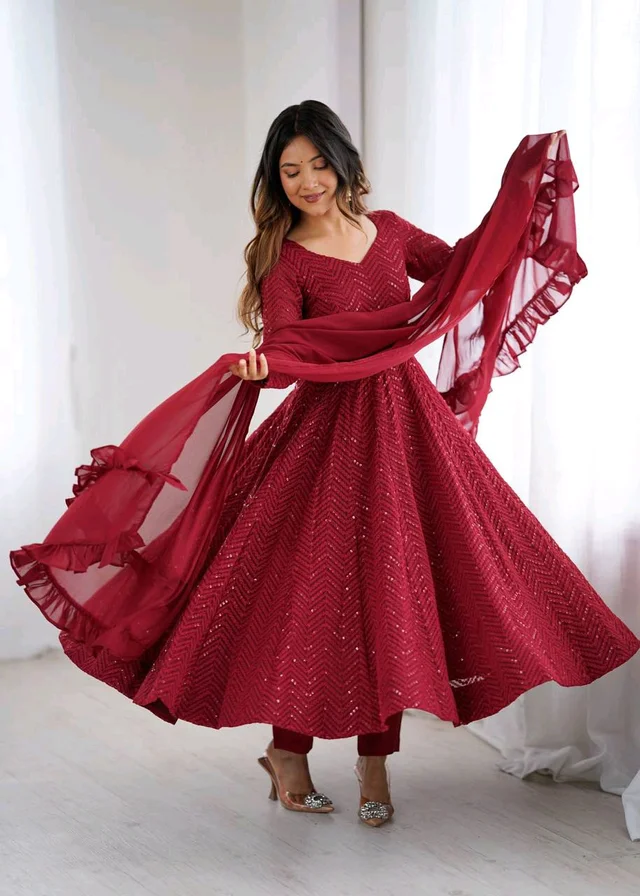 Sequence Anarkali - S, Maroon