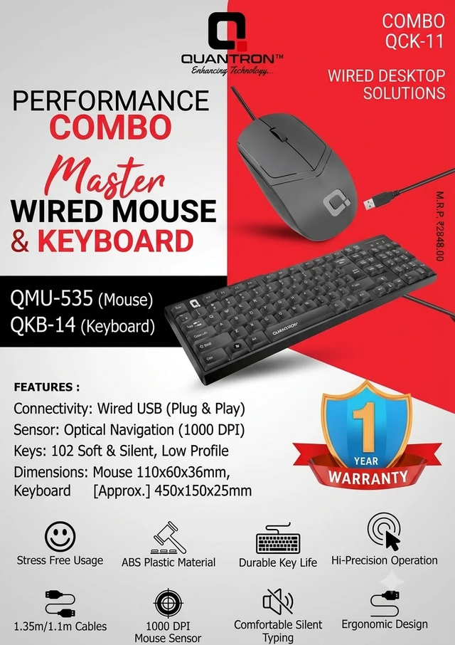 Quantron Master Wired Keyboard and Optical Mouse Combo (QKB-14 & QMU-535) | Ergonomic Desktop Set with 1-Year Warranty