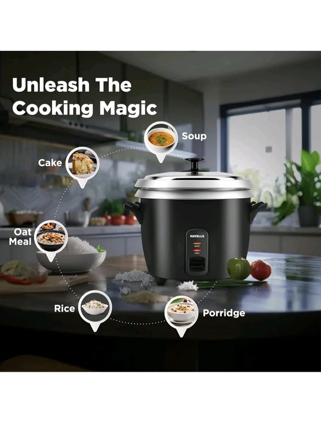 HAVELLS RISO Plus 1.8 liter 1 Bowl Rice Cooker| 700 W | Indicator Light |3 X Protection | 1 mm Thick inner bowl | SS 304 stainless steel Lid | Cook and Warm function| Drum shape model(Black) - Black