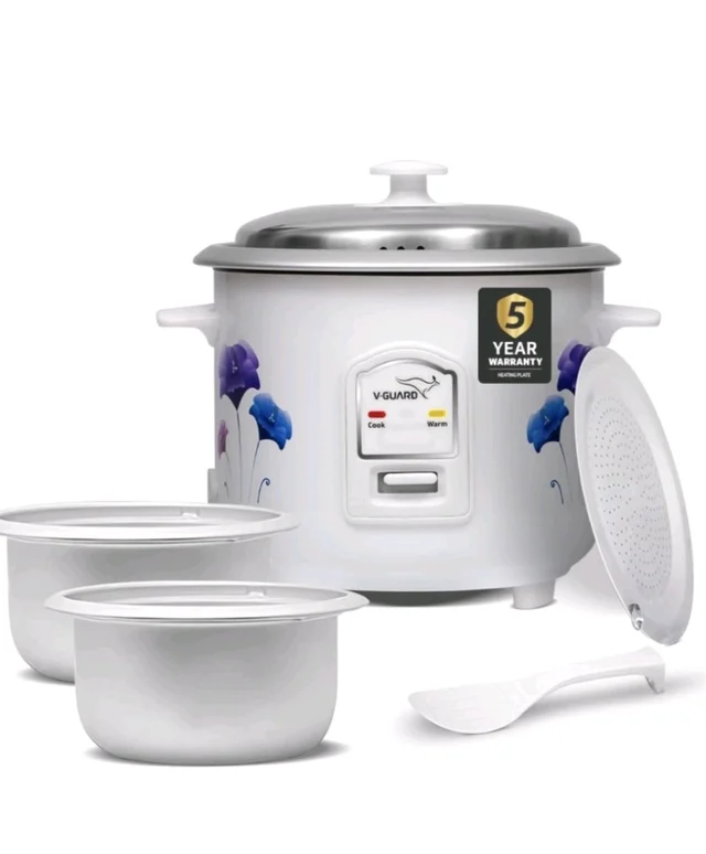 V-Guard VRC 1.0 C 1-Litre Electric Rice Cooker Small with 400 W Power, 2 Pots, Spatula, Rice Separator | 2-Year Product & 5-Year Heating Plate Coverage by V-Guard | Automatic Cooking with Double-layer Body & Cool Touch Handles - White