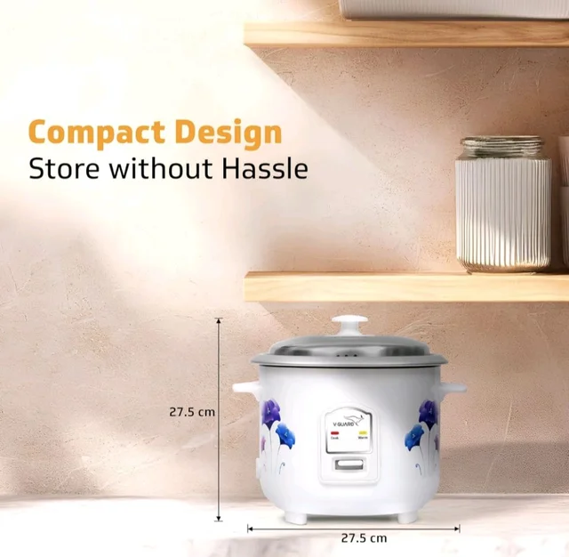 V-Guard VRC 1.0 C 1-Litre Electric Rice Cooker Small with 400 W Power, 2 Pots, Spatula, Rice Separator | 2-Year Product & 5-Year Heating Plate Coverage by V-Guard | Automatic Cooking with Double-layer Body & Cool Touch Handles - White