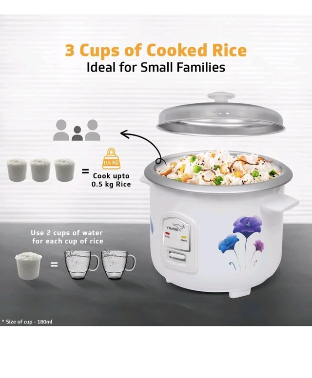 V-Guard VRC 1.0 C 1-Litre Electric Rice Cooker Small with 400 W Power, 2 Pots, Spatula, Rice Separator | 2-Year Product & 5-Year Heating Plate Coverage by V-Guard | Automatic Cooking with Double-layer Body & Cool Touch Handles - White