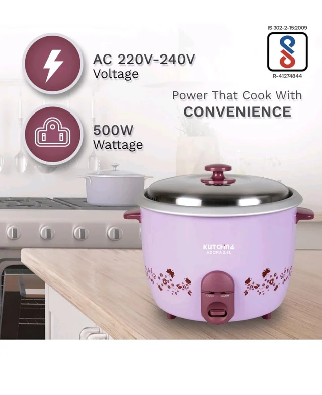Kutchina Adora 1.5 Litre Rice Cooker Small 500W, Electric Rice Cooker 1.5 ltr | Non-Stick Aluminium Cooking Pans | Stainless Steel Lid | Cool Touch Handles | Detachable Power Cord | Keep Warm Function - Pink Lace