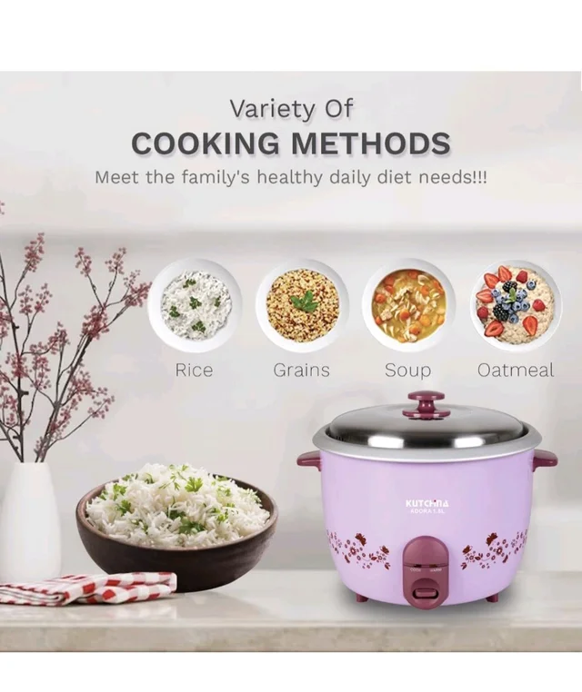 Kutchina Adora 1.5 Litre Rice Cooker Small 500W, Electric Rice Cooker 1.5 ltr | Non-Stick Aluminium Cooking Pans | Stainless Steel Lid | Cool Touch Handles | Detachable Power Cord | Keep Warm Function - Pink Lace