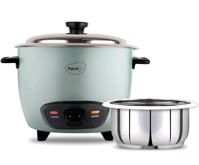 Pigeon Inox Rice Cooker with Single pot, 1 litres | Stainless Steel Lid | 400 Watts | 1 Steel Cooking Pot | Measuring Cup | Spatula | Energy Efficient Cooking - Jungle Mist