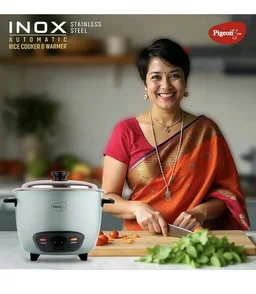 Pigeon Inox Rice Cooker with Single pot, 1 litres | Stainless Steel Lid | 400 Watts | 1 Steel Cooking Pot | Measuring Cup | Spatula | Energy Efficient Cooking - Jungle Mist