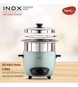 Pigeon Inox Rice Cooker with Single pot, 1 litres | Stainless Steel Lid | 400 Watts | 1 Steel Cooking Pot | Measuring Cup | Spatula | Energy Efficient Cooking - Jungle Mist