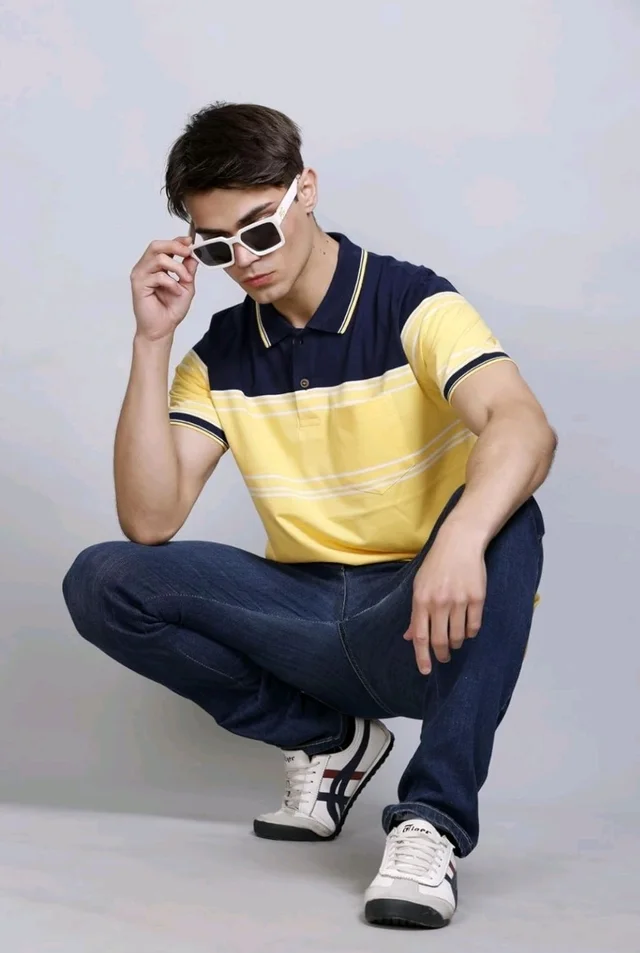 SANE ORIGINALS T-Shirt for Men with Pocket || Textured Striped Polo for Men
- 3XL, Yellow