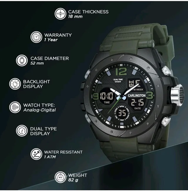 Carlington Endurance Series Analog-Digital Sports Watches for Men and Boys with Alarm, Stopwatch, Backlit Display, Dualtime, Silicone Rubber Strap, Water & Shock Resiatant - CT_9105 - Green