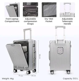 THE CLOWNFISH Ambassador Series Carry-On Luggage Polycarbonate Hard Case Suitcase Eight Spinner Wheel Trolley Bag with TSA Lock, USB, Mobile Holder, Cup Holder- Aluminium Silver (56 cm-22 inch)
- Silver