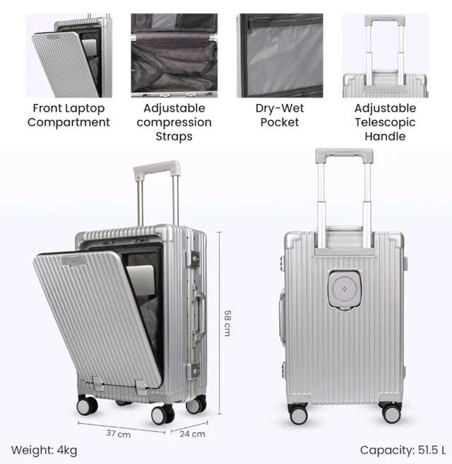 THE CLOWNFISH Ambassador Series Carry-On Luggage Polycarbonate Hard Case Suitcase Eight Spinner Wheel Trolley Bag with TSA Lock, USB, Mobile Holder, Cup Holder- Aluminium Silver (56 cm-22 inch)
- Silver