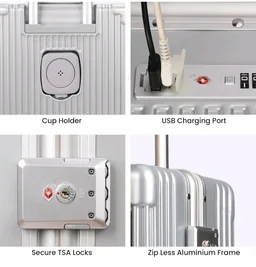 THE CLOWNFISH Ambassador Series Carry-On Luggage Polycarbonate Hard Case Suitcase Eight Spinner Wheel Trolley Bag with TSA Lock, USB, Mobile Holder, Cup Holder- Aluminium Silver (56 cm-22 inch)
- Silver