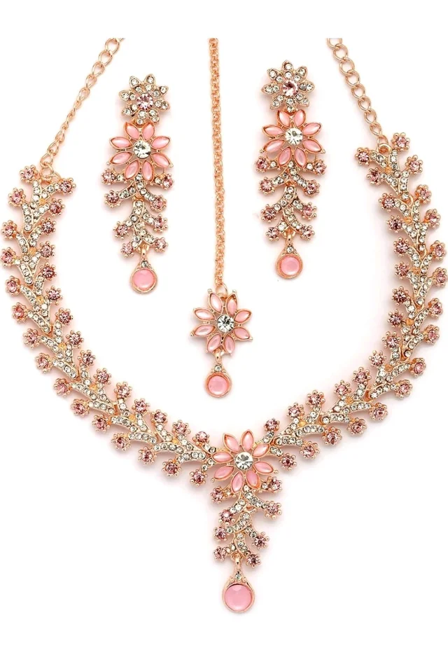 Sukkhi Charming AD Diamonds Studded Floral Choker Necklace with Danlge Earrings Maangtikka Jewellery Set for Women & Girls