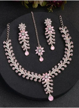 Sukkhi Charming AD Diamonds Studded Floral Choker Necklace with Danlge Earrings Maangtikka Jewellery Set for Women & Girls