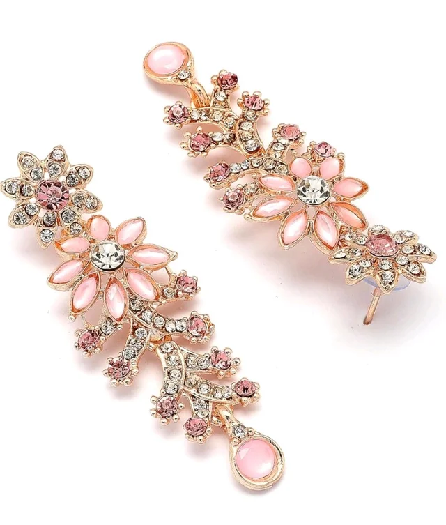 Sukkhi Charming AD Diamonds Studded Floral Choker Necklace with Danlge Earrings Maangtikka Jewellery Set for Women & Girls