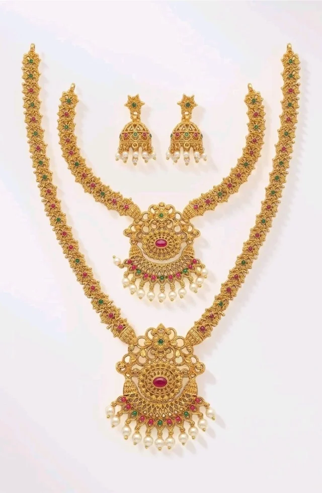 South Indian Traditional Antique Matte Gold Finish Goddess Lakshmi & Peacock Motif Long Necklace Set with Jhumka Earrings for Women | Ethnic Temple Jewellery for Weddings, Brides & Festivals (Ghummar)