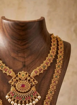 South Indian Traditional Antique Matte Gold Finish Goddess Lakshmi & Peacock Motif Long Necklace Set with Jhumka Earrings for Women | Ethnic Temple Jewellery for Weddings, Brides & Festivals (Ghummar)