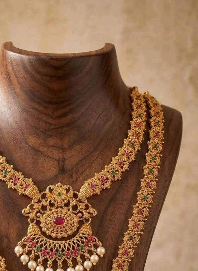 South Indian Traditional Antique Matte Gold Finish Goddess Lakshmi & Peacock Motif Long Necklace Set with Jhumka Earrings for Women | Ethnic Temple Jewellery for Weddings, Brides & Festivals (Ghummar)