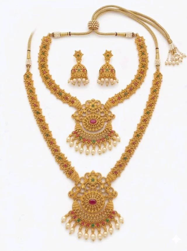 South Indian Traditional Antique Matte Gold Finish Goddess Lakshmi & Peacock Motif Long Necklace Set with Jhumka Earrings for Women | Ethnic Temple Jewellery for Weddings, Brides & Festivals (Ghummar)
