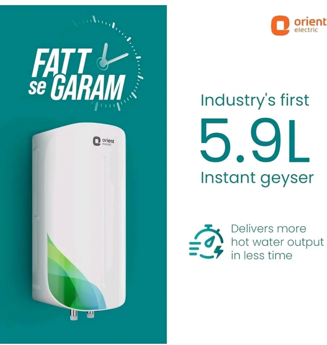 Orient Electric Aura Rapid Pro Geyser|5.9L instant water heater| High grade SS tank | 3000W heavy Copper heating element |6.5 bar pressure compatibility| High-rise Compatible| 5 years tank warrant - White