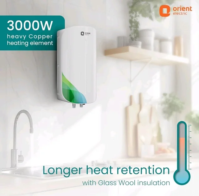 Orient Electric Aura Rapid Pro Geyser|5.9L instant water heater| High grade SS tank | 3000W heavy Copper heating element |6.5 bar pressure compatibility| High-rise Compatible| 5 years tank warrant - White