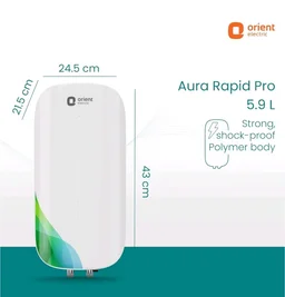 Orient Electric Aura Rapid Pro Geyser|5.9L instant water heater| High grade SS tank | 3000W heavy Copper heating element |6.5 bar pressure compatibility| High-rise Compatible| 5 years tank warrant - White