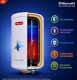 Racold Buono Pro NXG 10L ABS Body 5 Star Water Heater (Geyser) 5+2 Yrs Tank Warranty, Corrosion Prevention With Superior Titanium Enameled Tank Coating, Suitable for Buildings, for elegant aesthetics - White