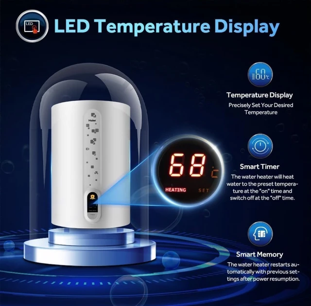 Haier ED Water Geyser 15ltr Digital Display 2000W Electric Storage Geyser Installation & Connection Pipes Wroth INR 700| Warranty 7 Yr on Tank| Shock Proof| 11-Level Safety - Silver