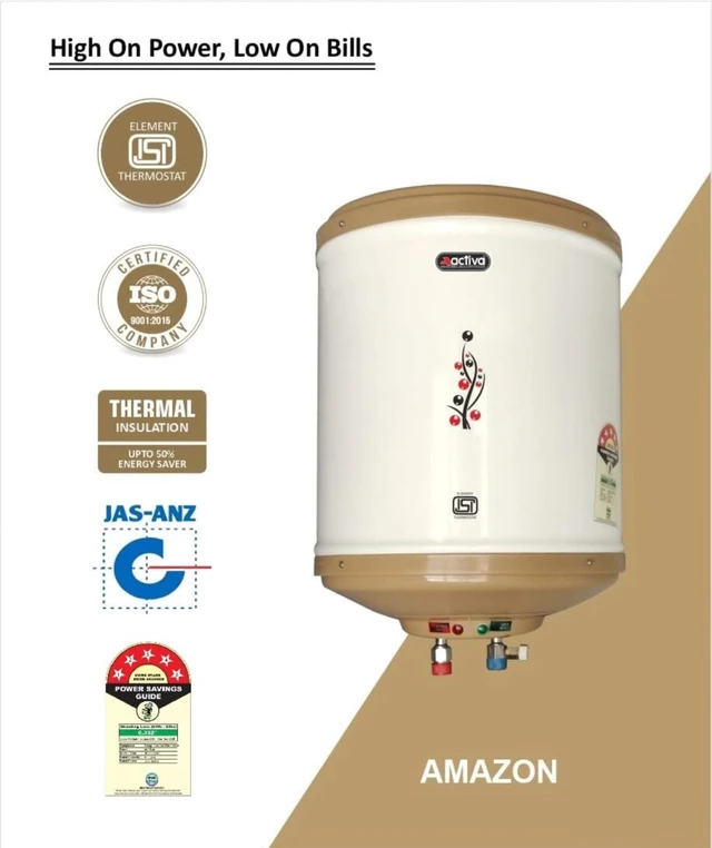 Active ACTIVA 10L Storage Water Heater Geyser | 3kW ISI Copper Heating Element | 0.8mm Anti-Rust Coated Tank | BEE 5 Star Rated | ABS Body | Fast Heating | 5 Year Warranty | Ivory - Mercury