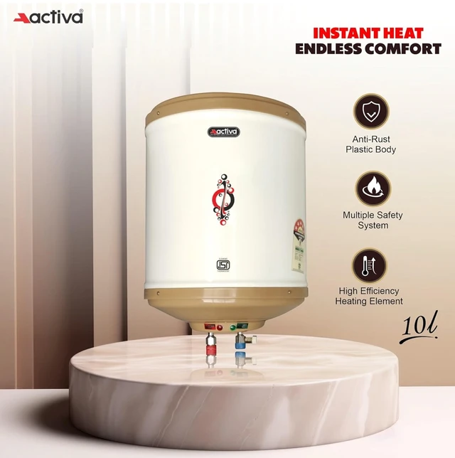 Active ACTIVA 10L Storage Water Heater Geyser | 3kW ISI Copper Heating Element | 0.8mm Anti-Rust Coated Tank | BEE 5 Star Rated | ABS Body | Fast Heating | 5 Year Warranty | Ivory - Mercury