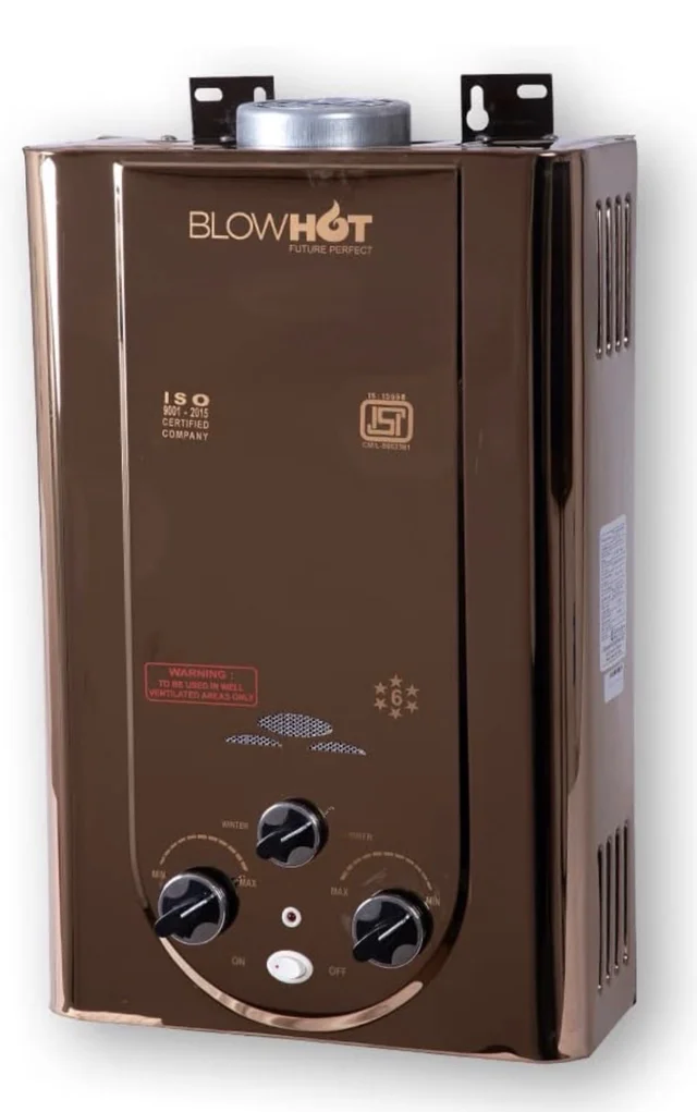 BLOWHOT Gas Geyser 6 Litres | Auto CUT-OFF | Automatic LPG Gas Water Heater Geyser| Instant Warm Water Flow | 1 Year General Warranty | 2 Years Warranty On Heat Exchanger (ISI Marked) (Rose Gold),Wall - Black